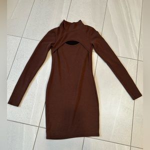 Pretty Little Thing Stand Collar Bodycon Long Sleeve Coffee Brown Dress Size S